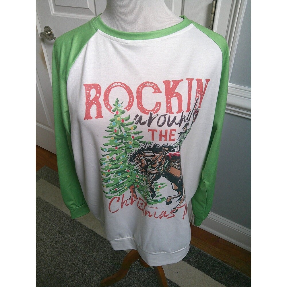 Bucking Bronc Xmas Cowboy Rodeo Tee Sz XL ROCKIN AROUND THE CHRISTMAS TREE
